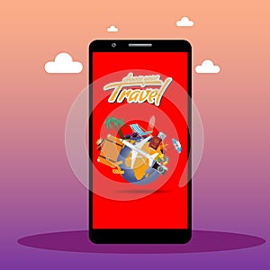 Order travel or vacation ticket concept online with smartphone screen. Vector illustration.