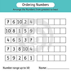 Ordering numbers worksheet. Arrange the numbers from greatest to least. Math. Number range up to 10