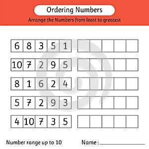 Ordering numbers worksheet. Arrange the numbers from least to greatest. Number range up to 10. Math