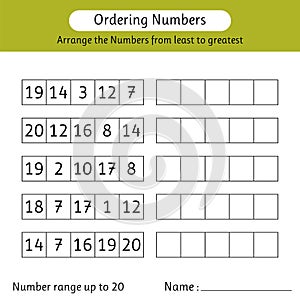 Ordering numbers worksheet. Arrange the numbers from least to greatest. Number range up to 20. Math
