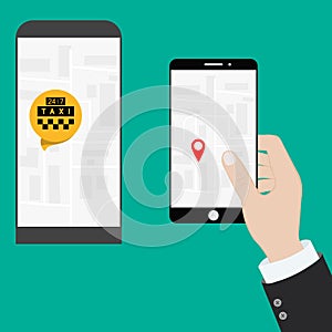 Ordering online taxi on smartphone vector illustration, flat carton design of mobile phone, taxicab in bubble, city map location