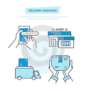 Ordering, purchase of goods, delivery, transportation, feedback, support, gps tracking.