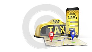 Ordering a taxi cab online internet service transportation concept navigation pin pointer with checker pattern and yellow taxi
