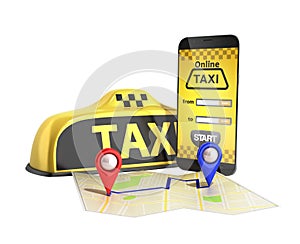 Ordering a taxi cab online internet service transportation concept navigation pin pointer with checker pattern and yellow taxi