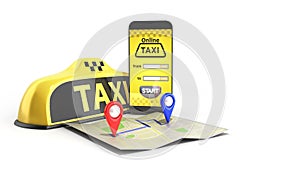 Ordering a taxi cab online internet service transportation concept navigation pin pointer with checker pattern and yellow taxi