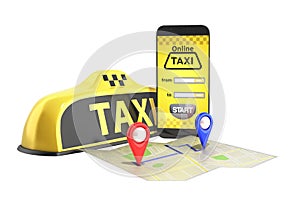 Ordering a taxi cab online internet service transportation concept navigation pin pointer with checker pattern and yellow taxi