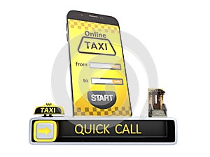 Ordering a taxi cab online internet service transportation concept navigation pin pointer with checker pattern and yellow taxi