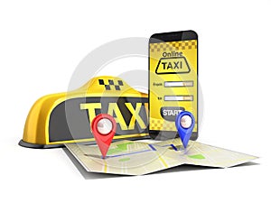 Ordering a taxi cab online internet service transportation concept navigation pin pointer with checker pattern and yellow taxi