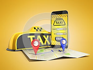 Ordering a taxi cab online internet service transportation concept navigation pin pointer with checker pattern and yellow taxi