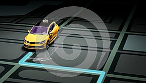 Ordering a taxi cab online internet service transportation concept navigation pin pointer with checker pattern and yellow taxi 3d