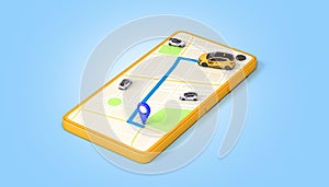 Ordering a taxi cab online internet service transportation concept navigation pin pointer with  yellow taxi on phone screen 3d