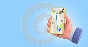 Ordering a taxi cab online internet service transportation concept navigation pin pointer with  yellow taxi on phone screen 3d