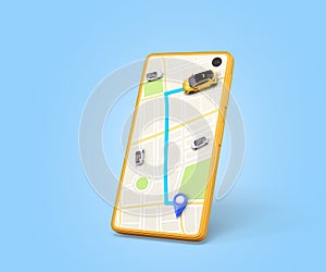 Ordering a taxi cab online internet service transportation concept navigation pin pointer with  yellow taxi on phone screen 3d