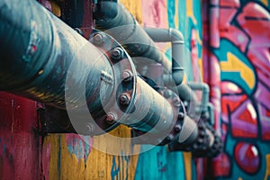 An orderly arrangement of pipes placed against a vibrant and colorful wall, Industrial pipeline set against a vibrant graffiti