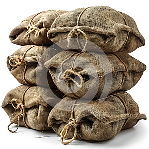 An orderly pile of sacks on a white background, displaying their geometric shape and symmetry.