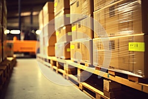 Orderly storage, Hand pallet truck maneuvering cardboard boxes in storehouse