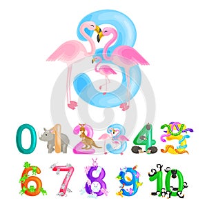 Ordinal number 3 for teaching children counting three flamingos with the ability to calculate amount animals abc