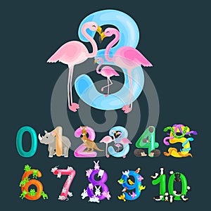 Ordinal number 3 for teaching children counting three flamingos with the ability to calculate amount animals abc photo