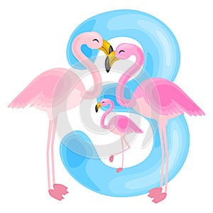 Ordinal number 3 for teaching children counting three flamingos with the ability to calculate amount animals abc photo