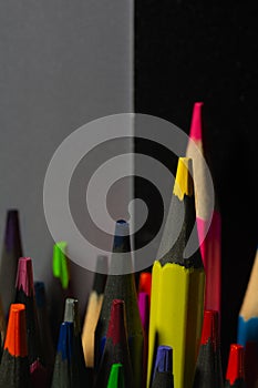 ordinary colored wooden pencil with soft lead of different colors for drawing and creativity, close up of pencils after sharpening