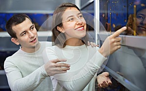 Ordinary customers selecting tropical fish