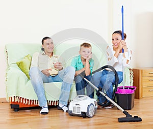 Ordinary family of three finished housework