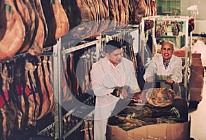 Ordinary positive butchery technologists checking joints of iber