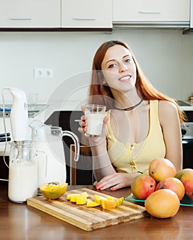 Ordinary woman drinking milkshake with mango