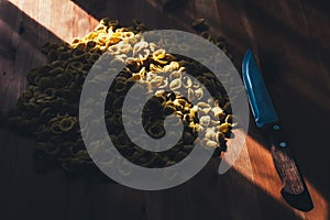 Orecchiette, Italian wheat semolina pasta, on a table and a knife