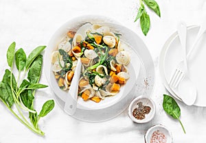 Orecchiette pasta with spinach and pumpkin - vegetarian lunch on white background