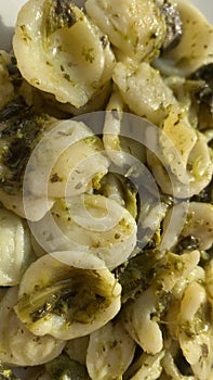 Orecchiette rapini  broccoli rabe dish close up in Italy