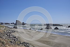 Oregon Beach with rocks in stormy weather