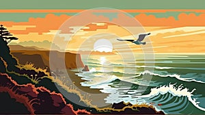 Oregon Coastline Wpa Poster With Heermann's Gull In Flight