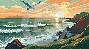 Oregon Coastline Wpa Poster With Heermann's Gull In Flight