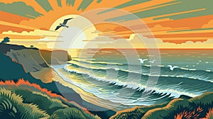 Oregon Coastline Wpa Poster With Thayer's Gull In Flight