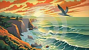 Oregon Coastline Wpa Poster With Thayer's Gull In Flight