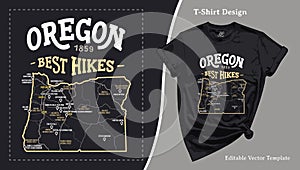 Oregon National Park Trails Map T-Shirt Design. Oregon Attraction Tee Template