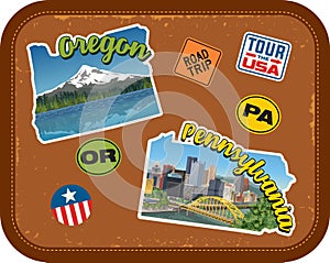 Oregon, Pennsylvania travel stickers with scenic attractions