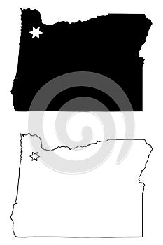 Oregon OR state Map USA with Capital City Star at Salem. Black silhouette and outline isolated on a white background. EPS Vector