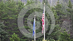 Oregon state and US flag hanging limp in rain