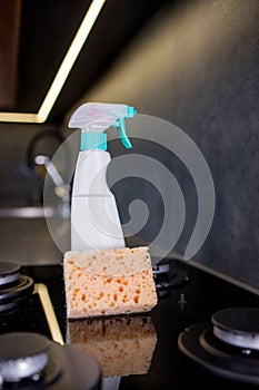 Orenge sponge and means of the cleaning gas stove on kitchen