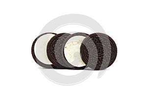 Oreo Biscuits in pieces of outside and inside isolated on white background.