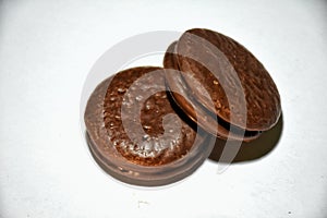 Oreo . Chocho pie cake in white background .