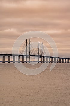 The Oresund Bridge, the bridge and underwater tunnel connecting Malmo, Sweden with Copenhagen, Denmark. A beautiful