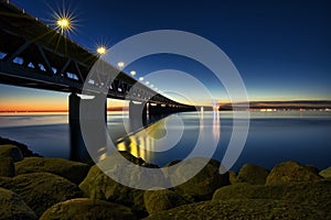 The Oresund Bridge between Denmark and Sweden at night