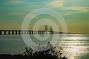 Oresund Bridge on sunset, between Sweden and Denmark, Malmo