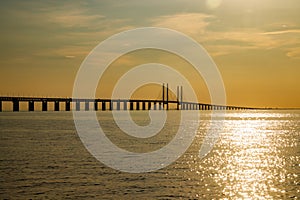 Oresund Bridge on sunset, between Sweden and Denmark, Malmo