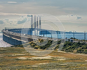 Oresundsbron or Oresund Bridge. Gigantic link between Sweden and Denmark allows nations interconnection via the Oresund channel