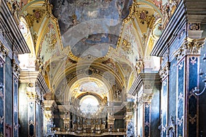 Organ in Cathedral of Bressanone or Brixen, baroque interior and altar, South Tyrol, Alto Adige, Italy