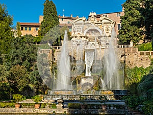 Organ Fountain with a rainbow in the water jets at Villa D`Este in Tivoli, Italy